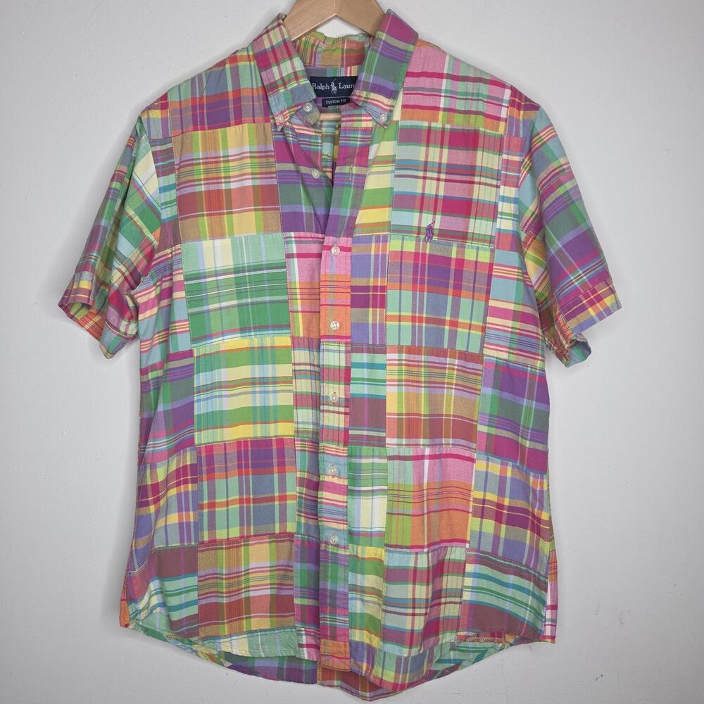 Vintage Polo Ralph Lauren Shirt Men L Custom Fit Plaid Patchwork Colorful